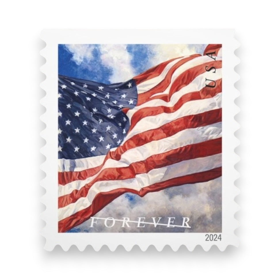 2024 U.S. Flags Forever Postage Stamps – 50/100/250/500 Rolls for Personal & Business Mail
