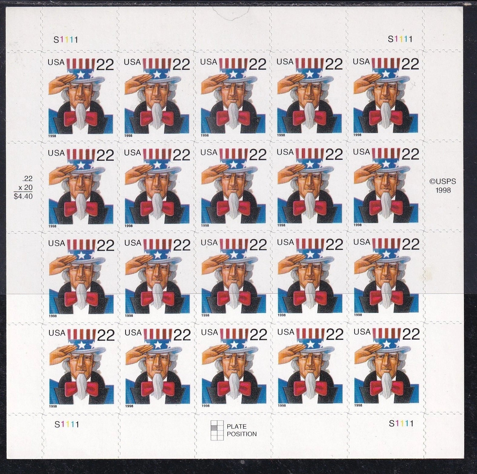 NOT Forever Stamp-22¢ Stamps 1998 Uncle Sam – Patriotic Symbol, First-Class Postage
